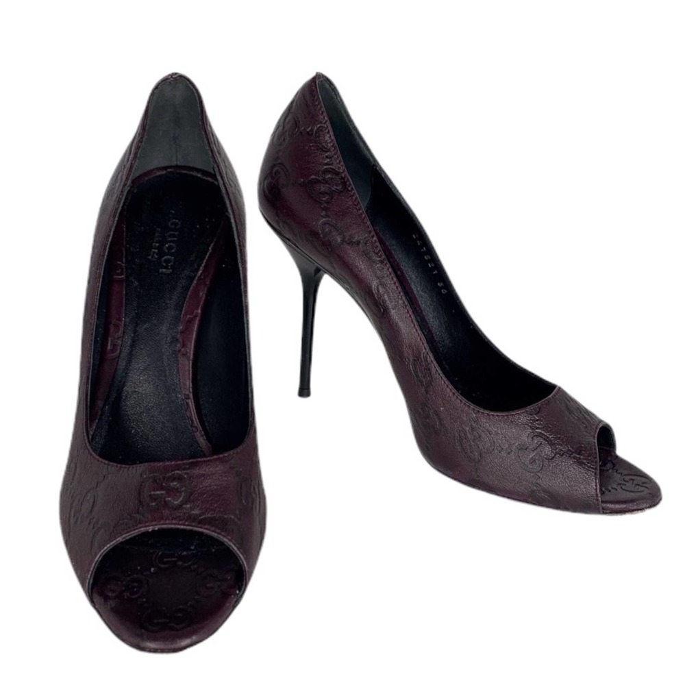 Gucci Burgundy Guccissima GG Logo Leather open toe heels size 6